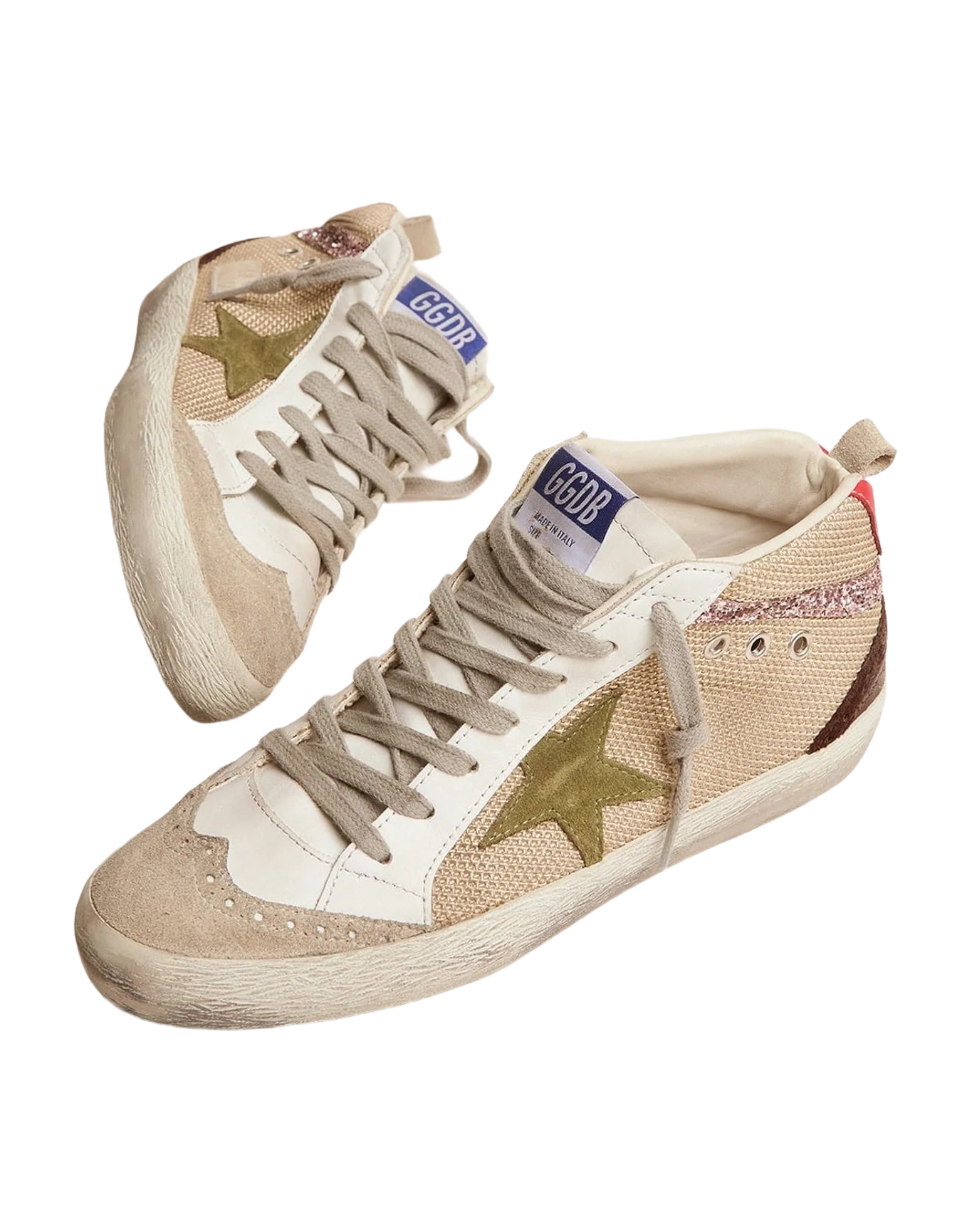 Women | Mid Star Sneakers Cream-Colored Mesh with Suede & Glitter Details | Cream x Ice x Light Army x Brown x Pink