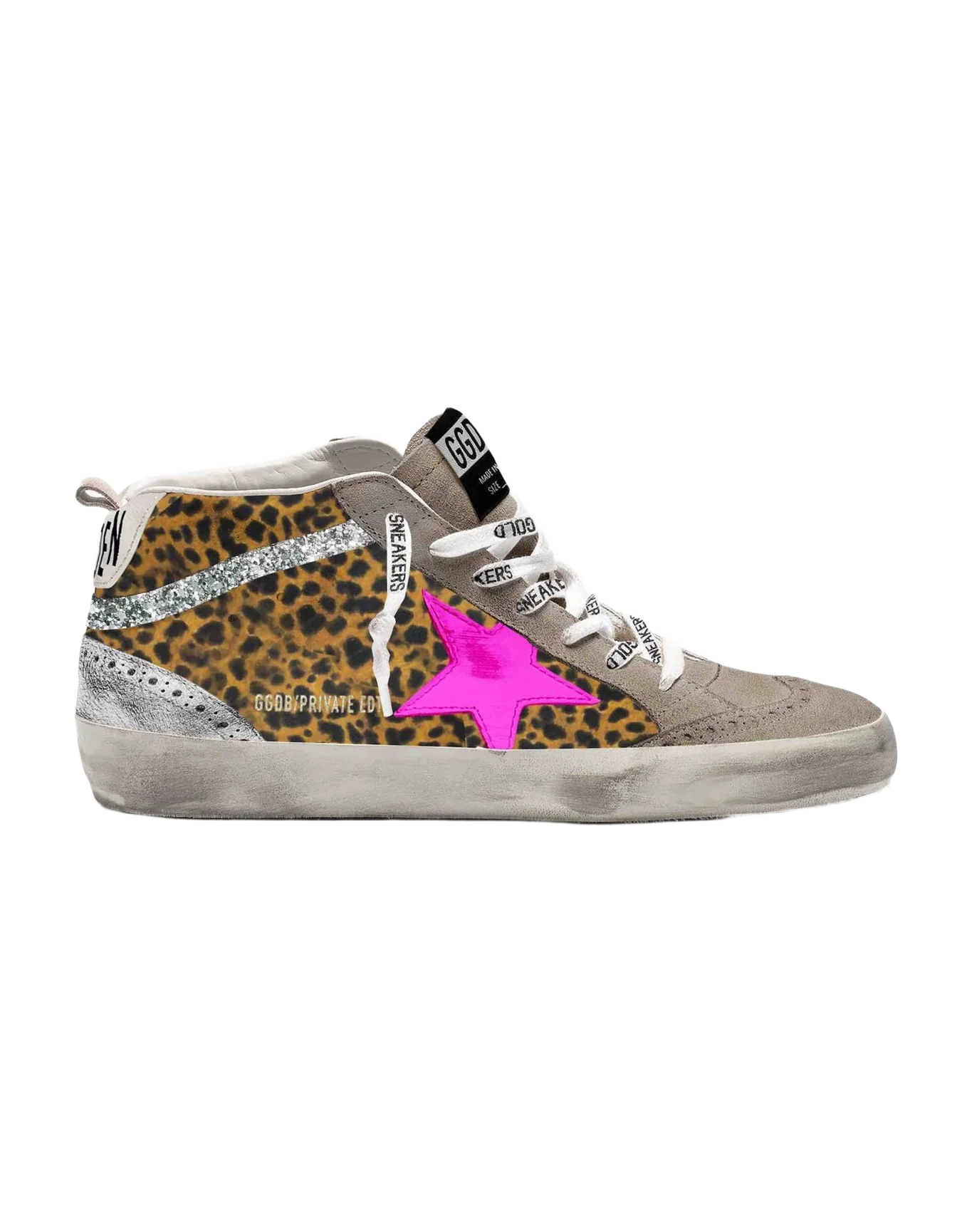 Women | Mid Star Sneakers Leopard Leather with Fuchsia Star & Glitter Wave | Camel Black Leo x Tobacco x Fuxia x Silver x White