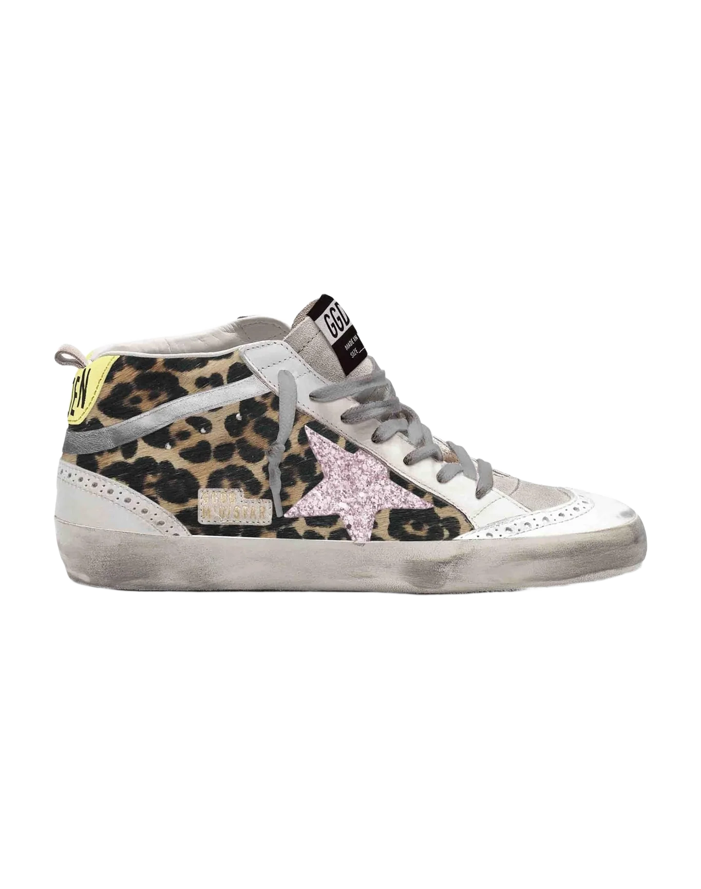 Women | Mid-Star Sneakers Ltd Leopard-Print Pony Skin with Glittery Star | Beige Brown Leo x Pink x Yellow