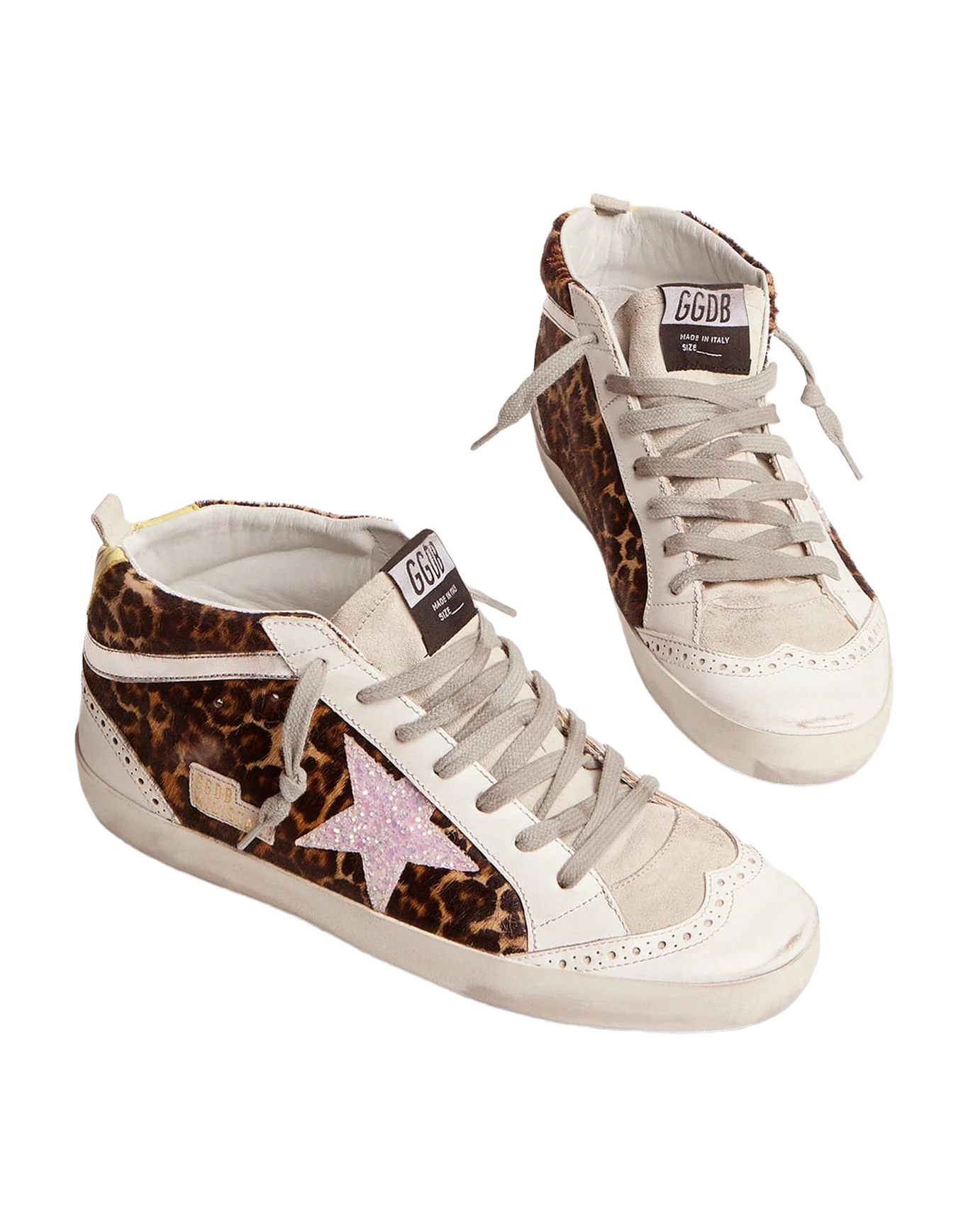 Women | Mid-Star Sneakers Ltd Leopard-Print Pony Skin with Glittery Star | Beige Brown Leo x Pink x Yellow - Image 2