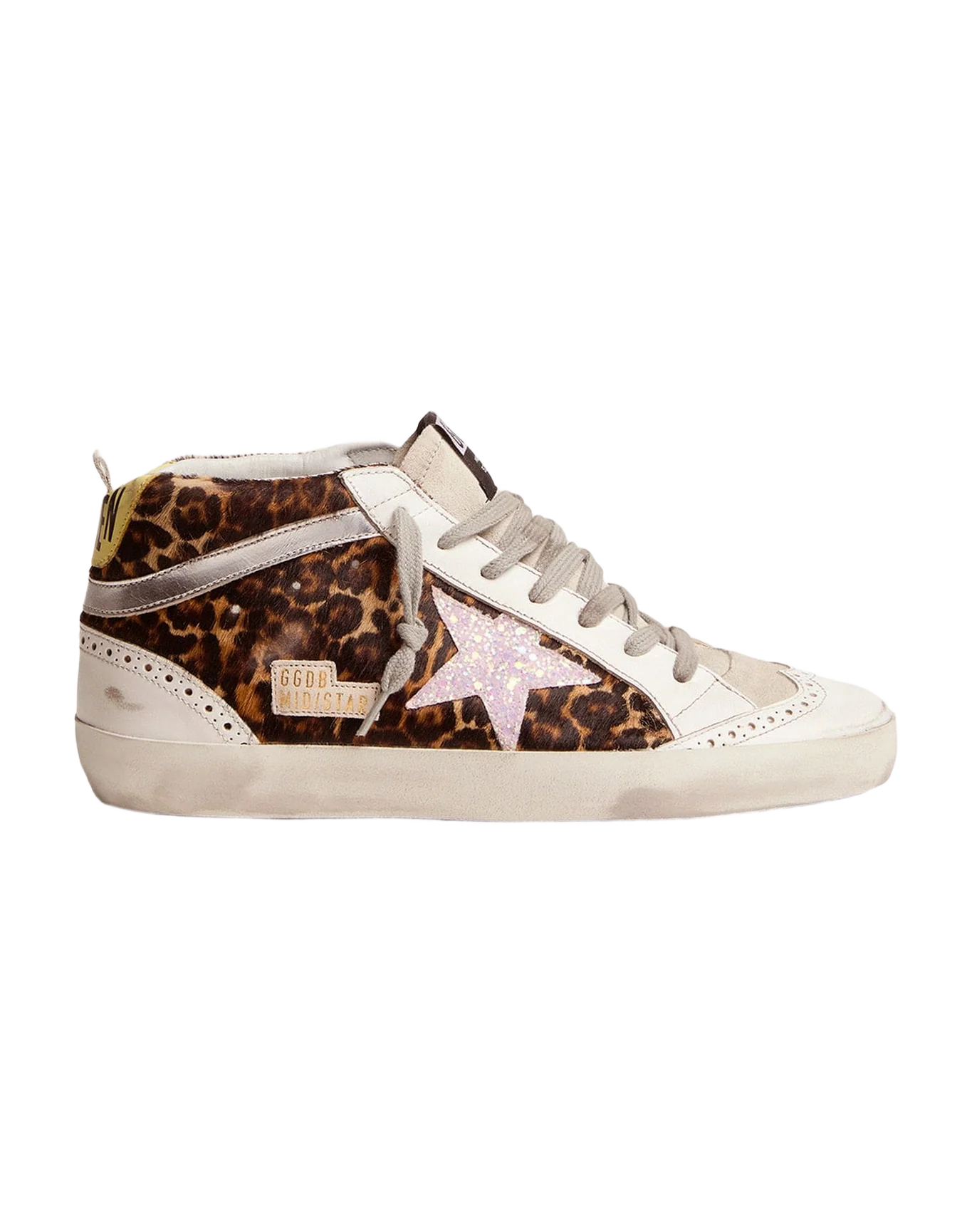 Women | Mid-Star Sneakers Ltd Leopard-Print Pony Skin with Glittery Star | Beige Brown Leo x Pink x Yellow - Image 4