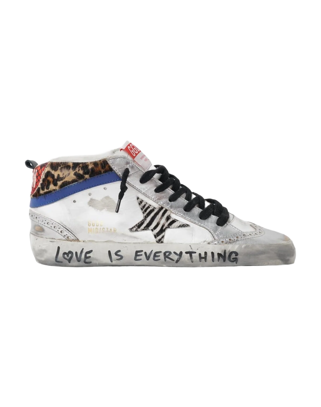 Women | Mid Star Sneakers with Animal-Print Details & Handwritten Lettering | White x Silver x Black Zebra x Bluette