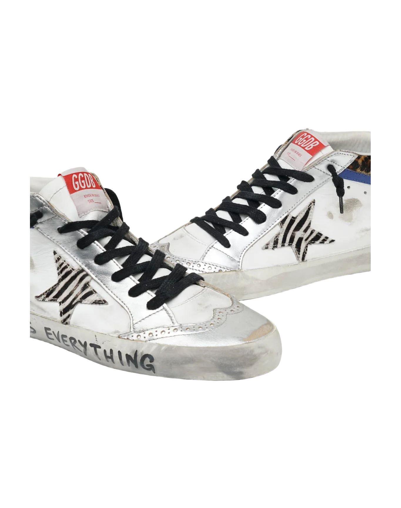 Women | Mid Star Sneakers with Animal-Print Details & Handwritten Lettering | White x Silver x Black Zebra x Bluette - Image 2