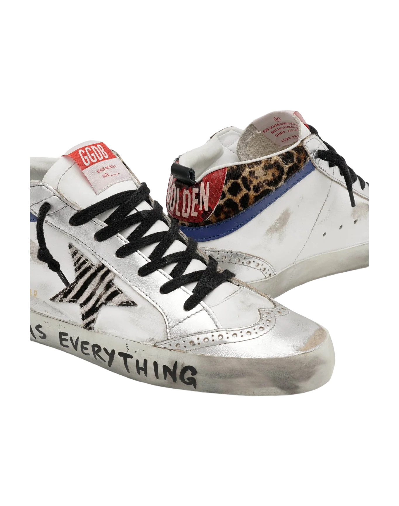 Women | Mid Star Sneakers with Animal-Print Details & Handwritten Lettering | White x Silver x Black Zebra x Bluette - Image 5