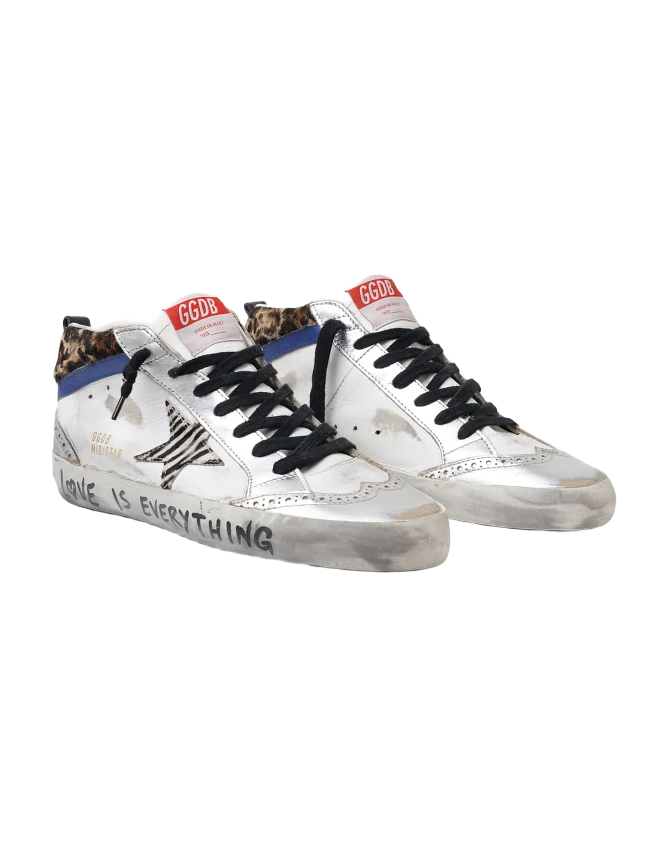 Women | Mid Star Sneakers with Animal-Print Details & Handwritten Lettering | White x Silver x Black Zebra x Bluette - Image 6