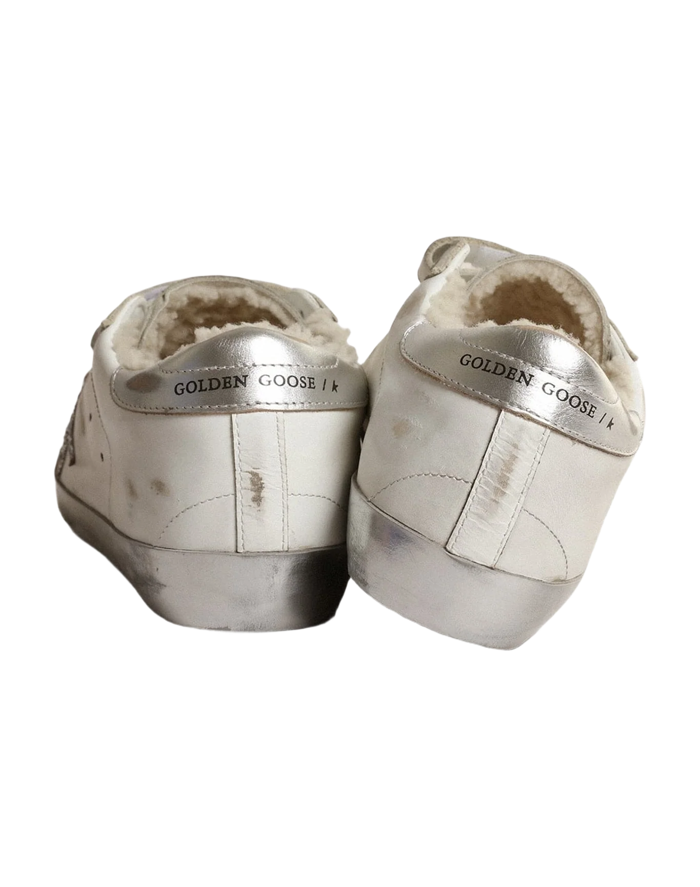 Women | Old School Sneakers with Shearling Lining & Glittering Star | White x Silver x Beige