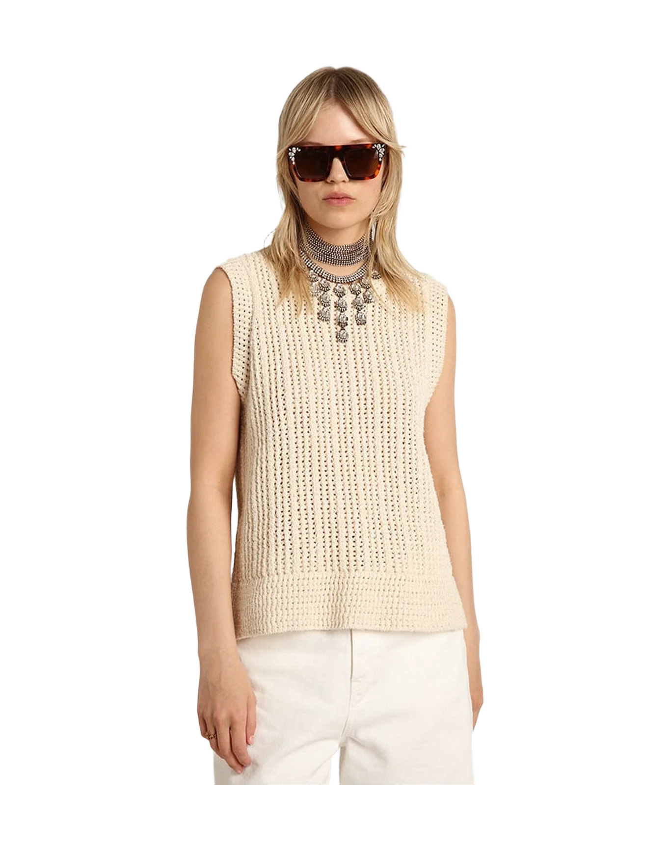 Women | Papyrus-Colored Knitted Sleeveless Top | Papyrus - Image 6