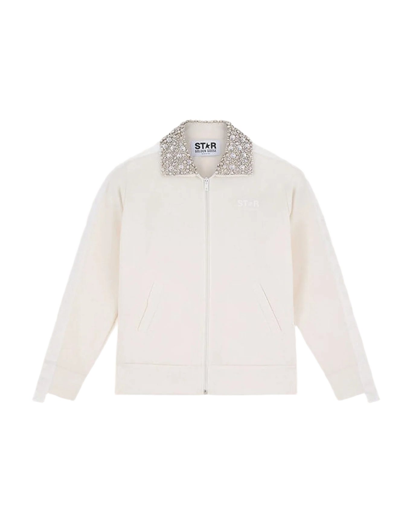 Women | Papyrus-White Zipped Sweatshirt with Crystal Collar | Papyrus x Cristal