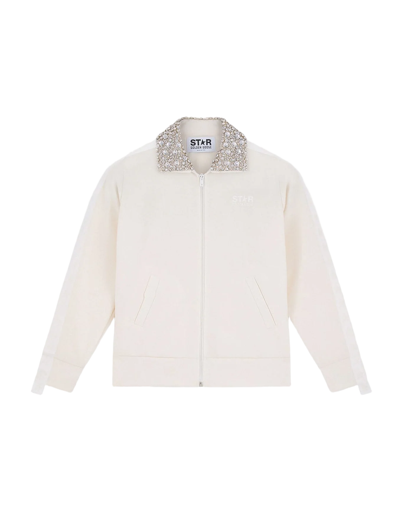Women | Papyrus-White Zipped Sweatshirt with Crystal Collar | Papyrus x Cristal - Image 4