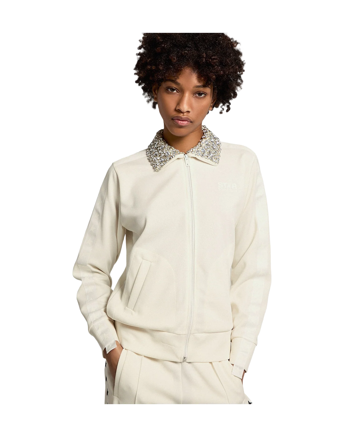 Women | Papyrus-White Zipped Sweatshirt with Crystal Collar | Papyrus x Cristal - Image 6