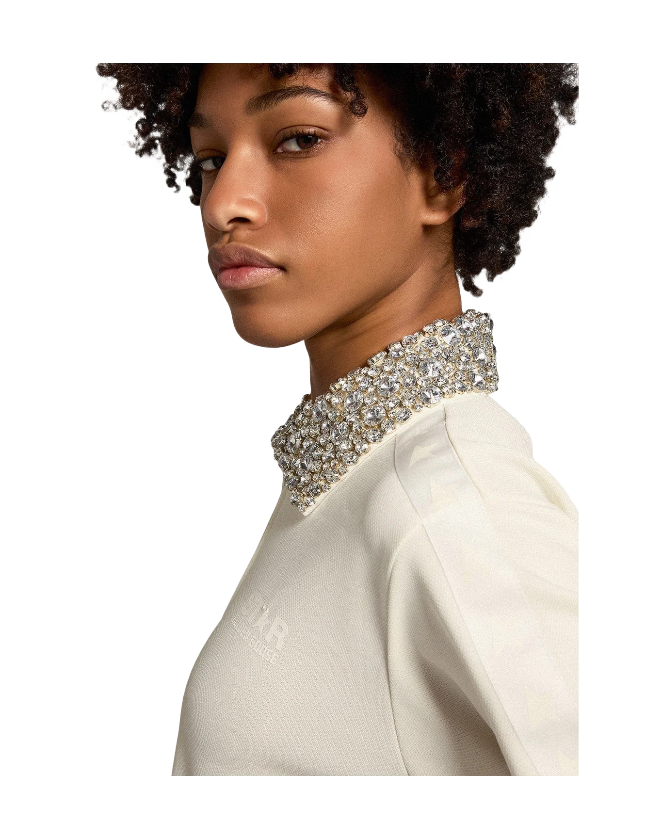 Women | Papyrus-White Zipped Sweatshirt with Crystal Collar | Papyrus x Cristal - Image 7