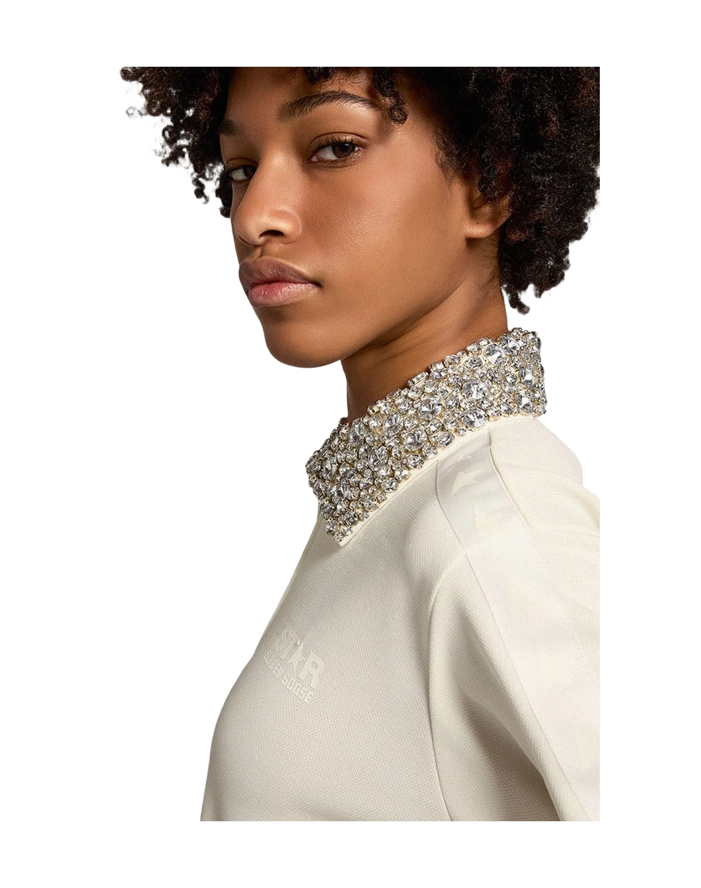 Women | Papyrus-White Zipped Sweatshirt with Crystal Collar | Papyrus x Cristal - Image 8