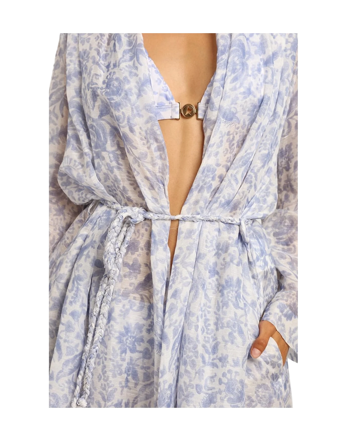 Women | Resort Collection Linen Blend Kaftan Dress with Mediterranean Blue Print | Mediterranian Blue