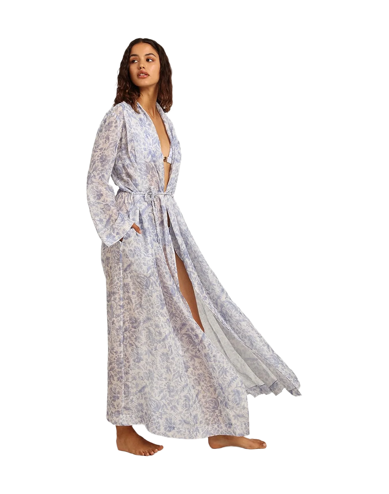 Women | Resort Collection Linen Blend Kaftan Dress with Mediterranean Blue Print | Mediterranian Blue - Image 12
