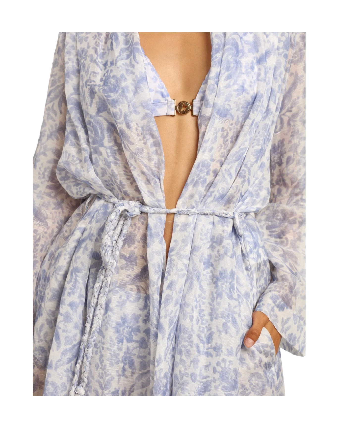 Women | Resort Collection Linen Blend Kaftan Dress with Mediterranean Blue Print | Mediterranian Blue - Image 9