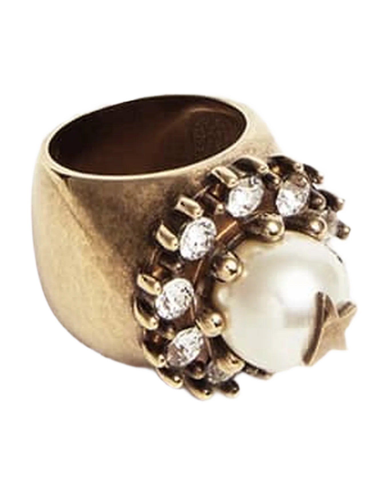 Women | Ring Antique Gold Color with Decorative Bead & Crystals | Antique Gold x White - Image 8