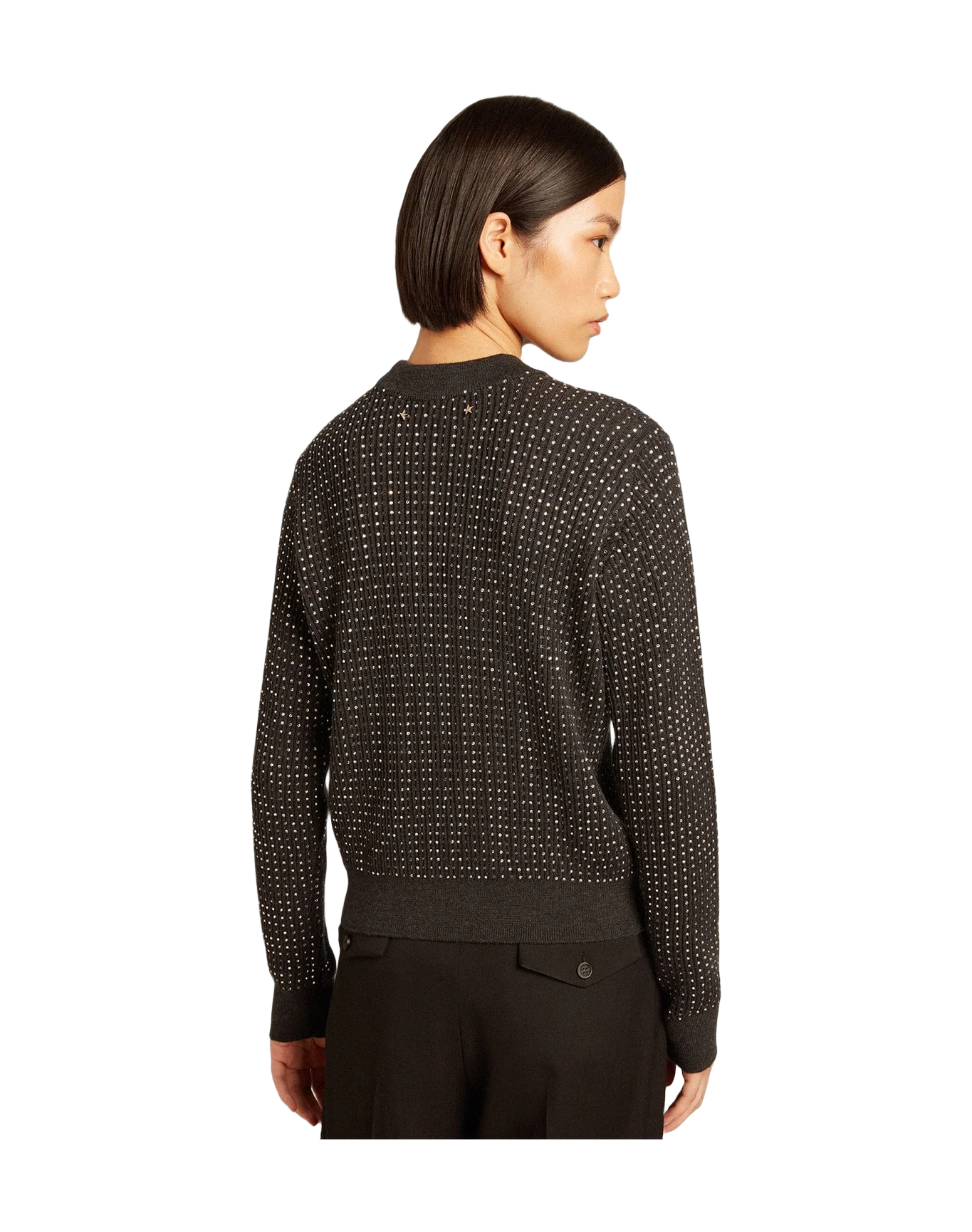 Women | Round-Neck Sweater Merino Wool with All-Over Crystals | Dark Melange Grey - Image 5