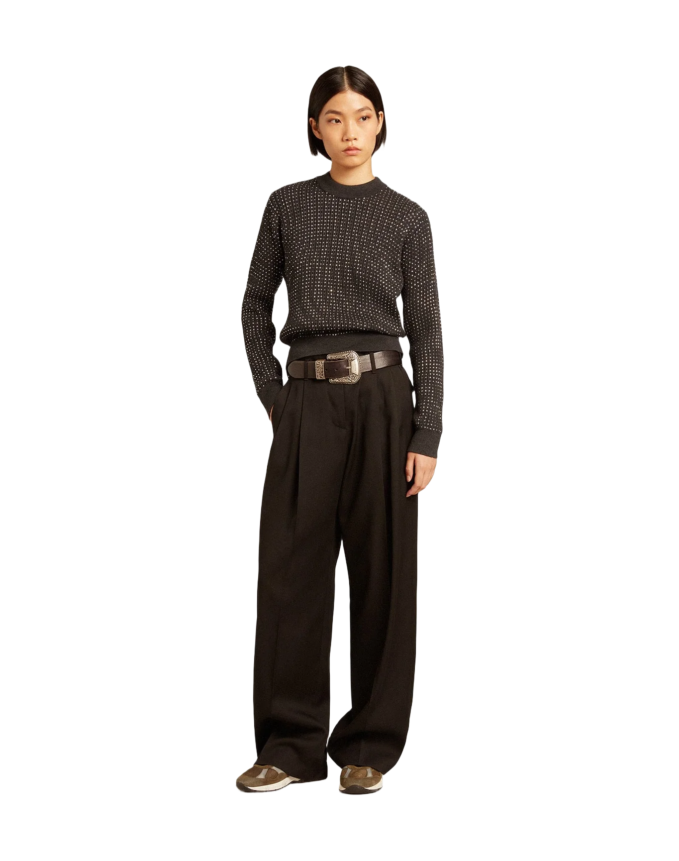 Women | Round-Neck Sweater Merino Wool with All-Over Crystals | Dark Melange Grey - Image 7