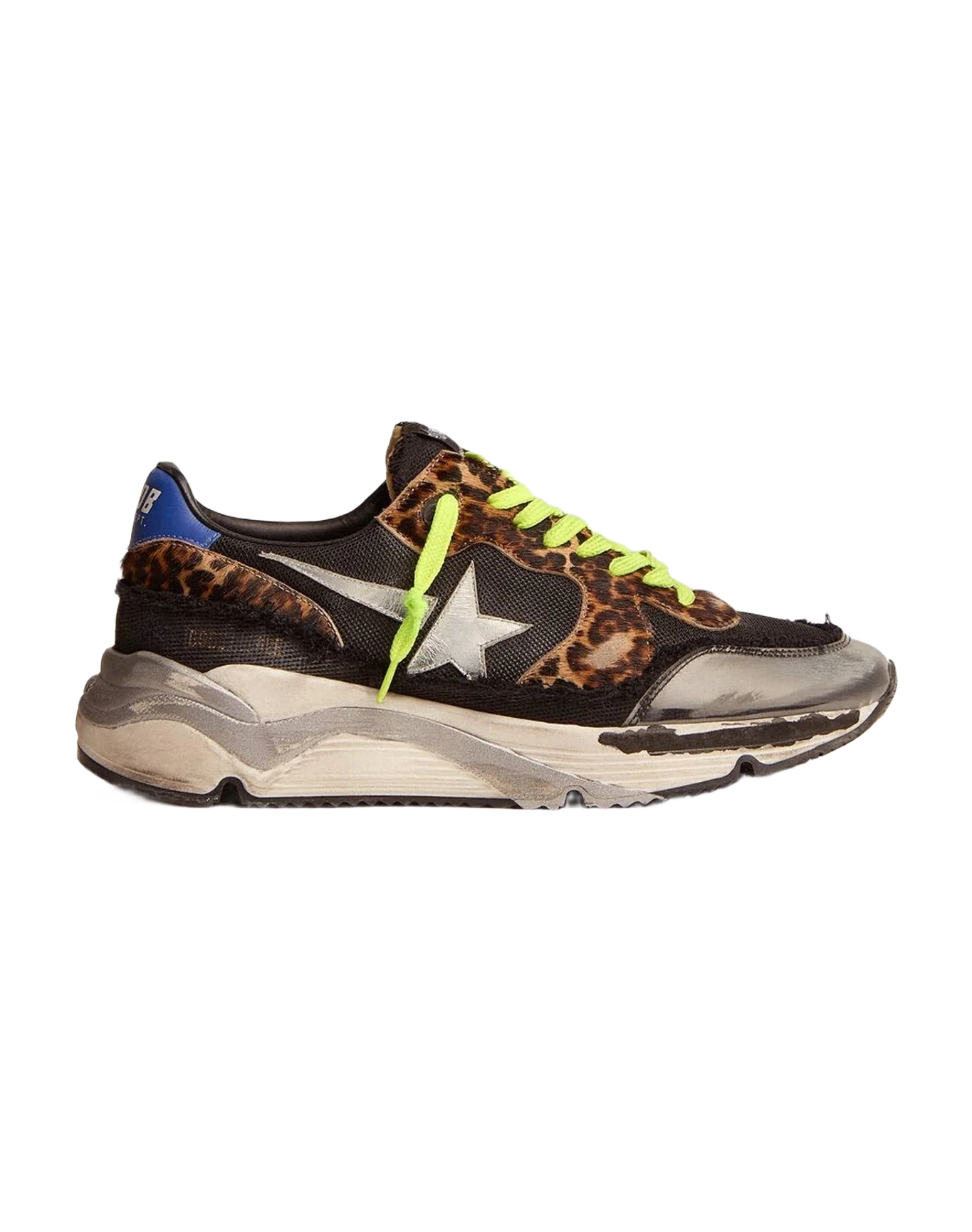 Women | Running Sole Ltd Black Mesh with Leopard Pony Skin Inserts | Black x Silver x Beige Brown Black Leo x Blue