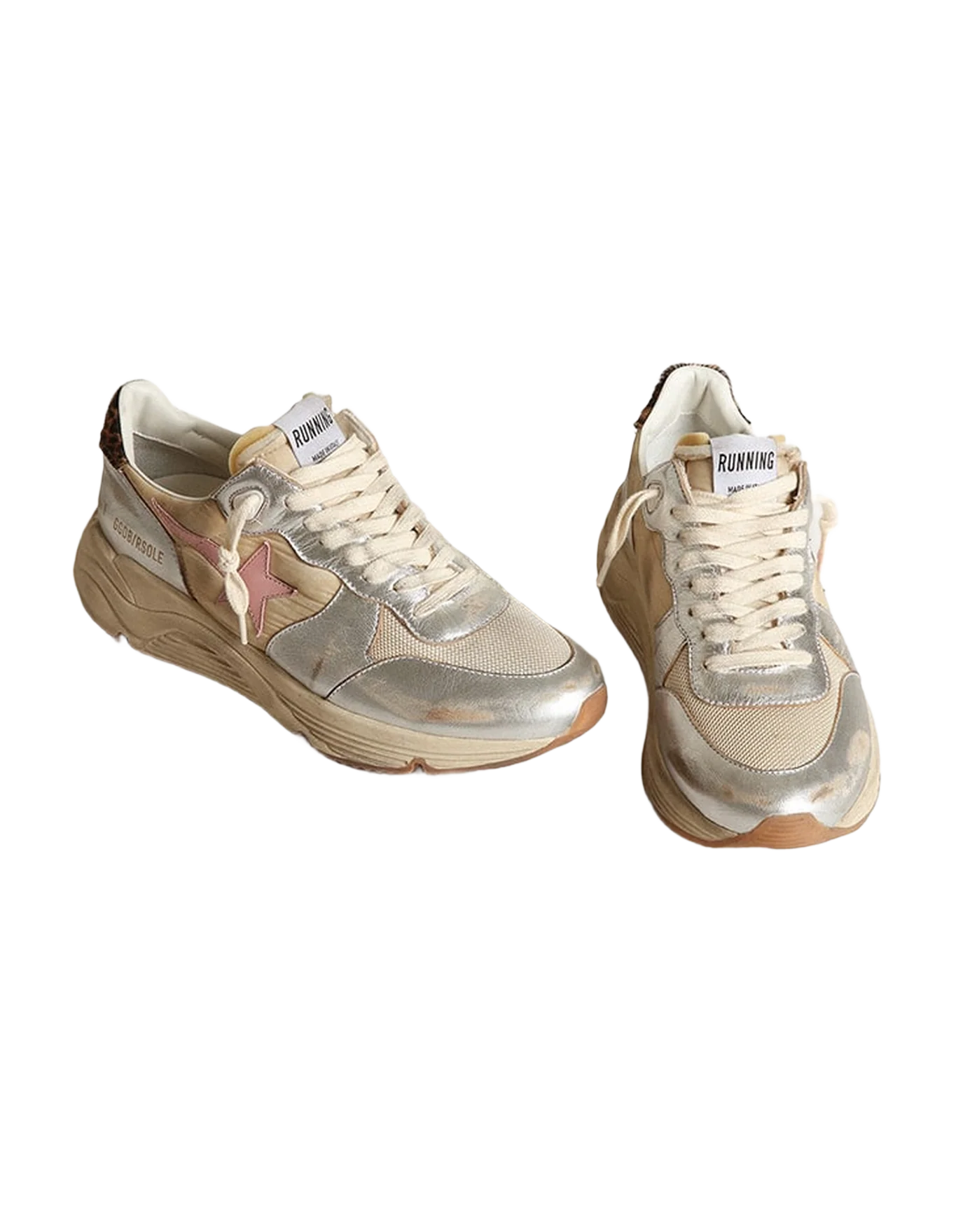 Women | Running Sole Silver Leather with Beige Brown Black Leo Heel Tab & Pink Star | Beige x Silver x Cream x Antique Pink x Beige Brown Black Leo - Image 2