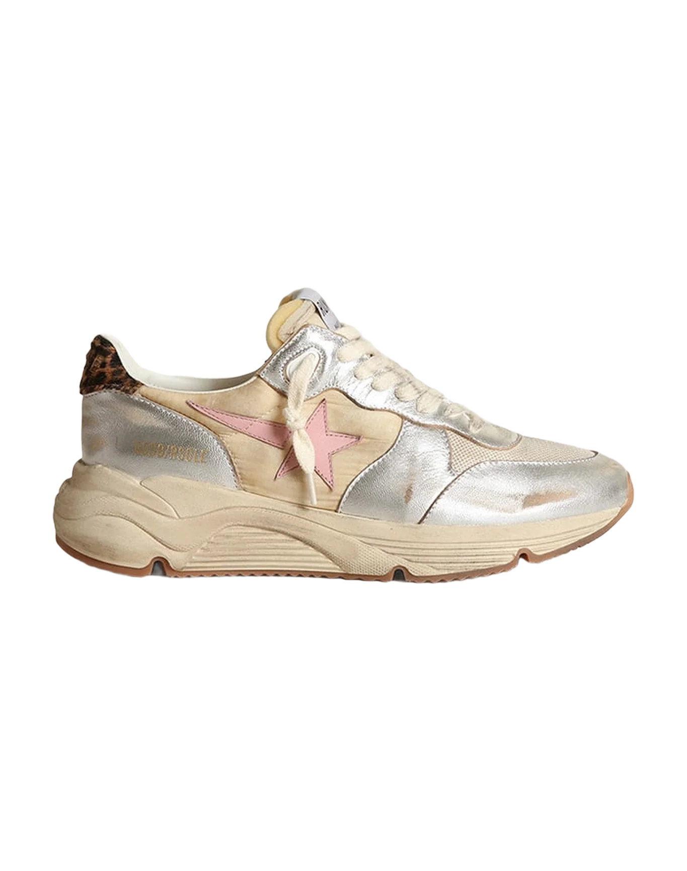 Women | Running Sole Silver Leather with Beige Brown Black Leo Heel Tab & Pink Star | Beige x Silver x Cream x Antique Pink x Beige Brown Black Leo - Image 3