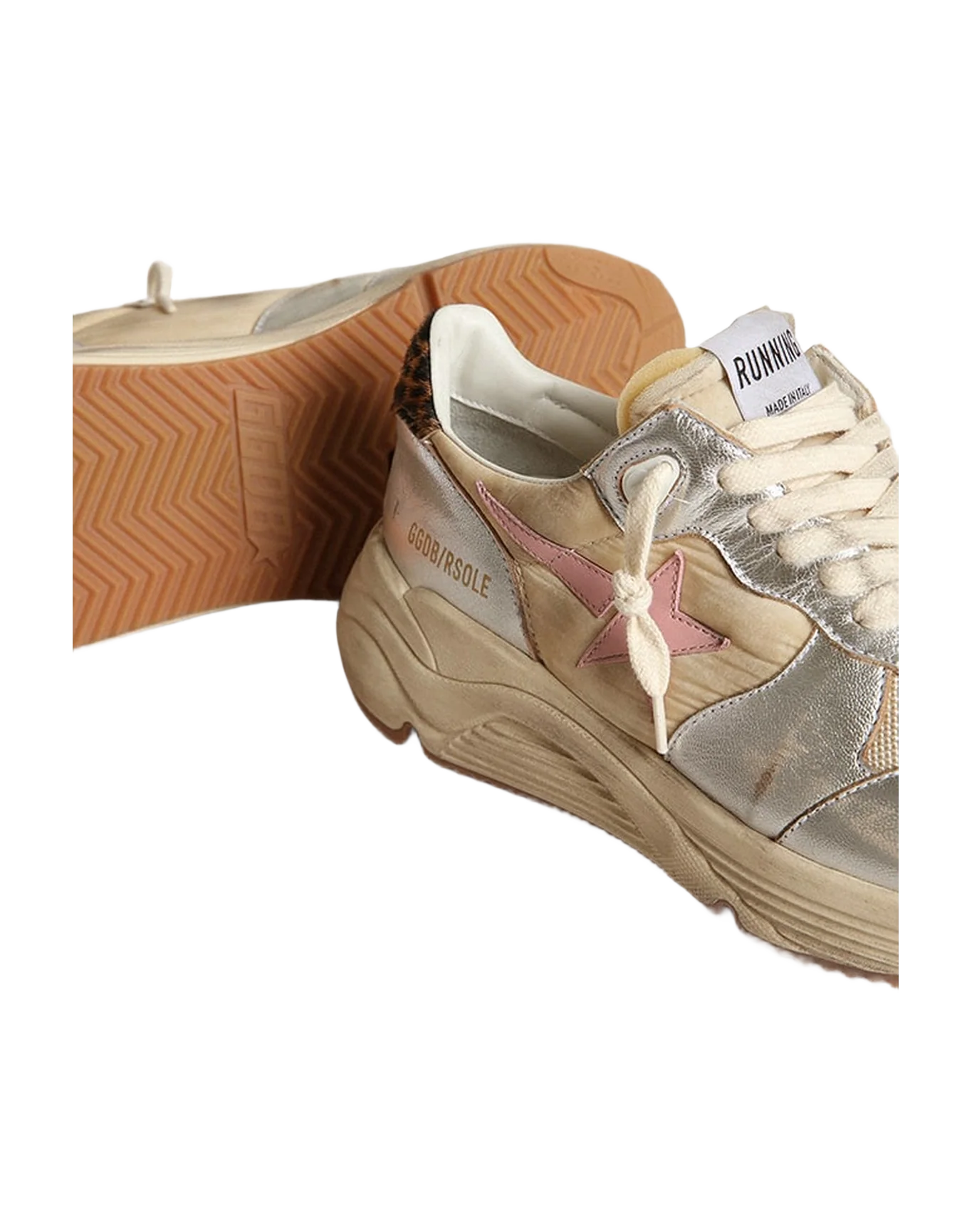 Women | Running Sole Silver Leather with Beige Brown Black Leo Heel Tab & Pink Star | Beige x Silver x Cream x Antique Pink x Beige Brown Black Leo - Image 6