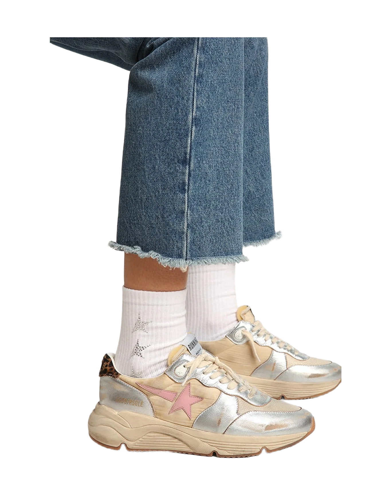 Women | Running Sole Silver Leather with Beige Brown Black Leo Heel Tab & Pink Star | Beige x Silver x Cream x Antique Pink x Beige Brown Black Leo - Image 8