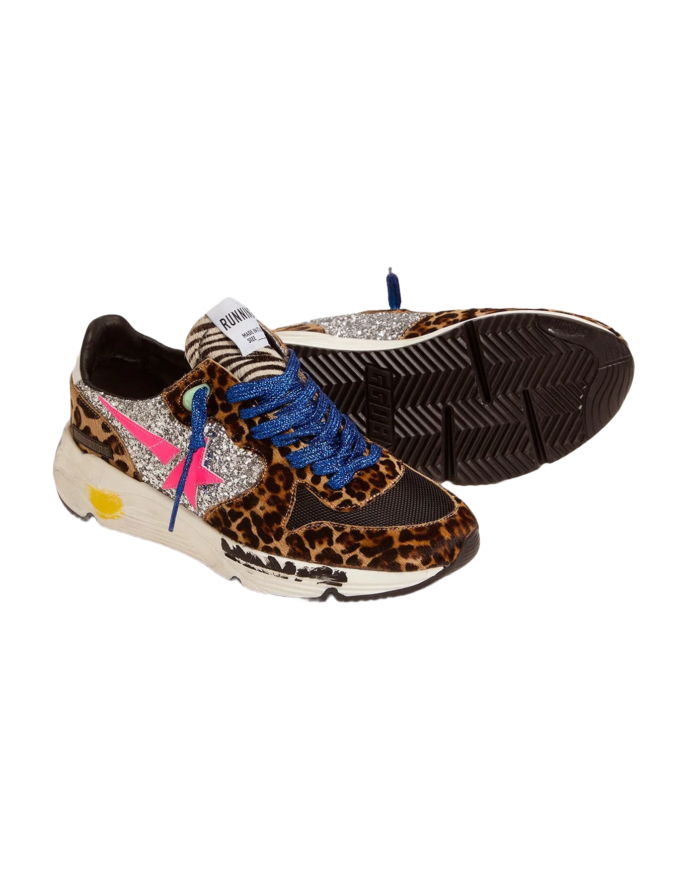 Women | Running Sole Sneakers Leopard-Print Pony Skin with Glitter Inserts | Silver x Brown Black Leo x Black x Fuxia Fluo - Image 2