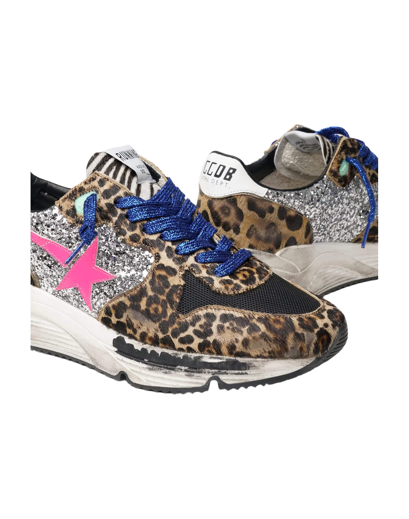 Women | Running Sole Sneakers Leopard-Print Pony Skin with Glitter Inserts | Silver x Brown Black Leo x Black x Fuxia Fluo - Image 3