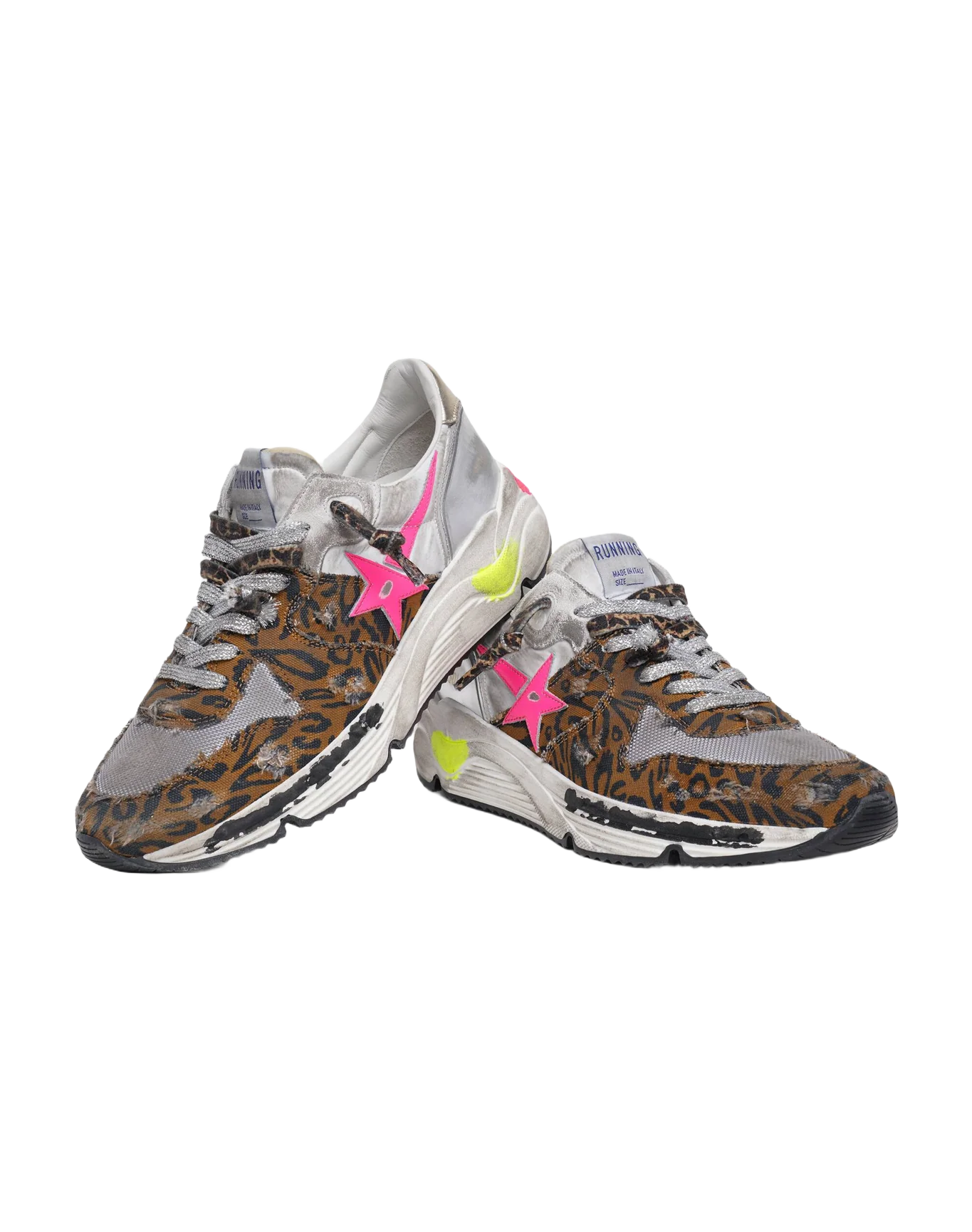 Women | Running Sole Sneakers Silver Leather & Leopard Print with Fluorescent Pink Star | White x Brown Black Leo x Fluo Fuxia x Silver x Platinum - Image 3