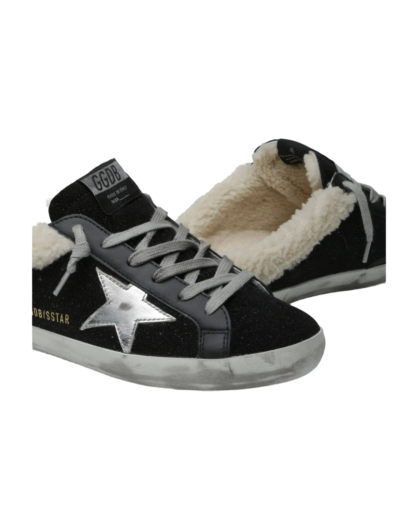 Women | Sabot Suede Upper Shearling Tongue Laminated Star | Black x Silver x Beige