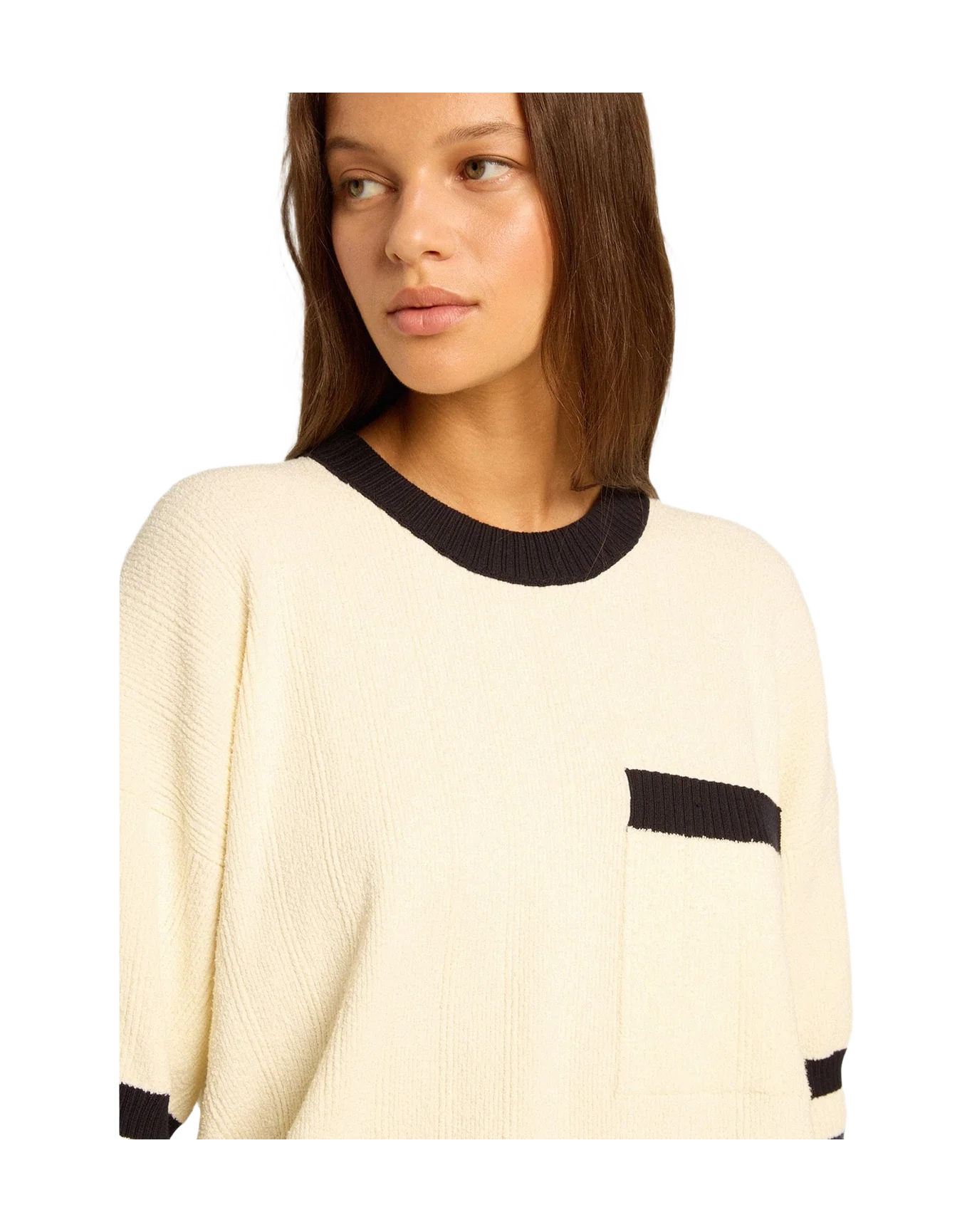 Women | Short-Sleeved Sweater Vintage White with Blue Rib Knit | Antique White x Ink Blue