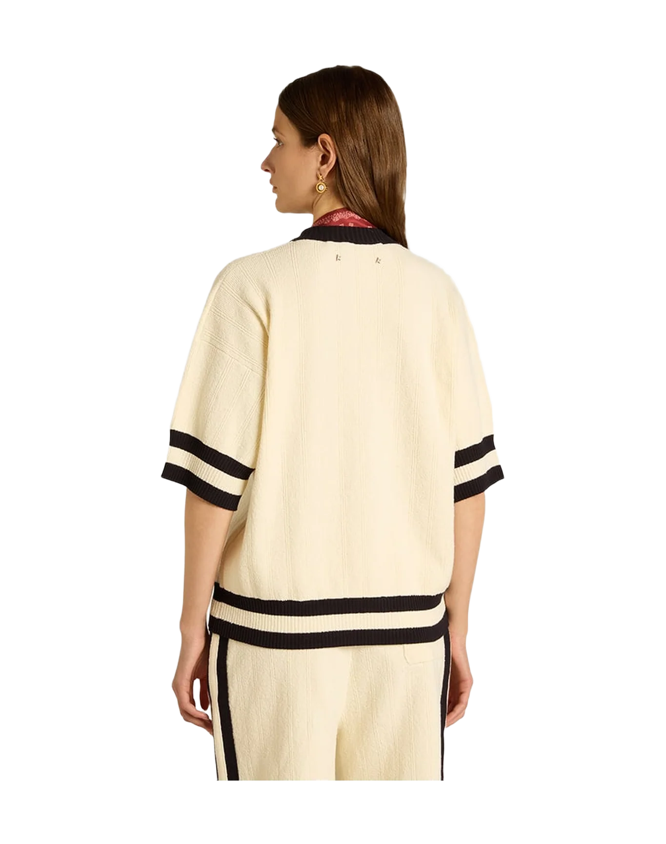 Women | Short-Sleeved Sweater Vintage White with Blue Rib Knit | Antique White x Ink Blue - Image 10