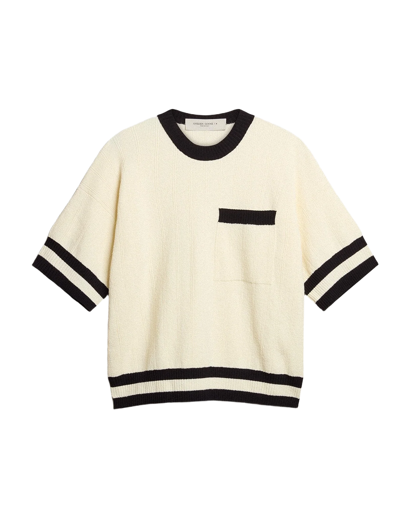Women | Short-Sleeved Sweater Vintage White with Blue Rib Knit | Antique White x Ink Blue - Image 6