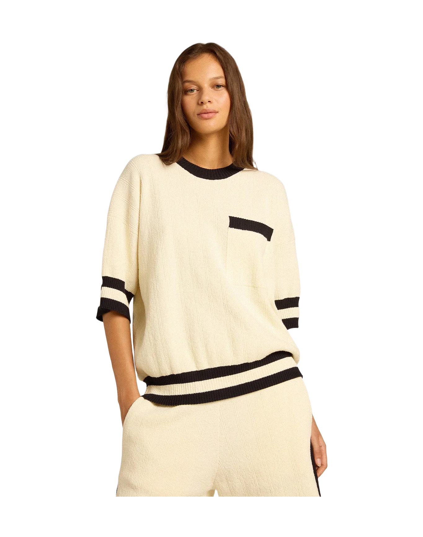 Women | Short-Sleeved Sweater Vintage White with Blue Rib Knit | Antique White x Ink Blue - Image 9