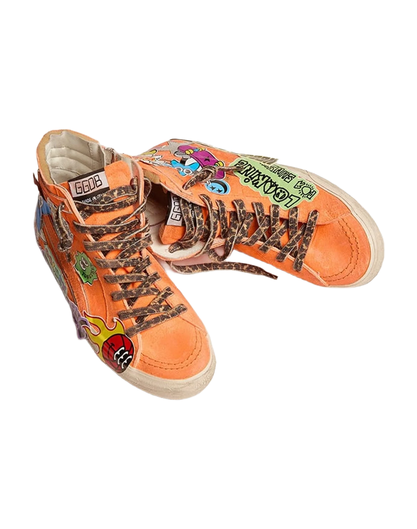 Women | Slide Orange Suede with Multicolor Prints | Orange x Silver