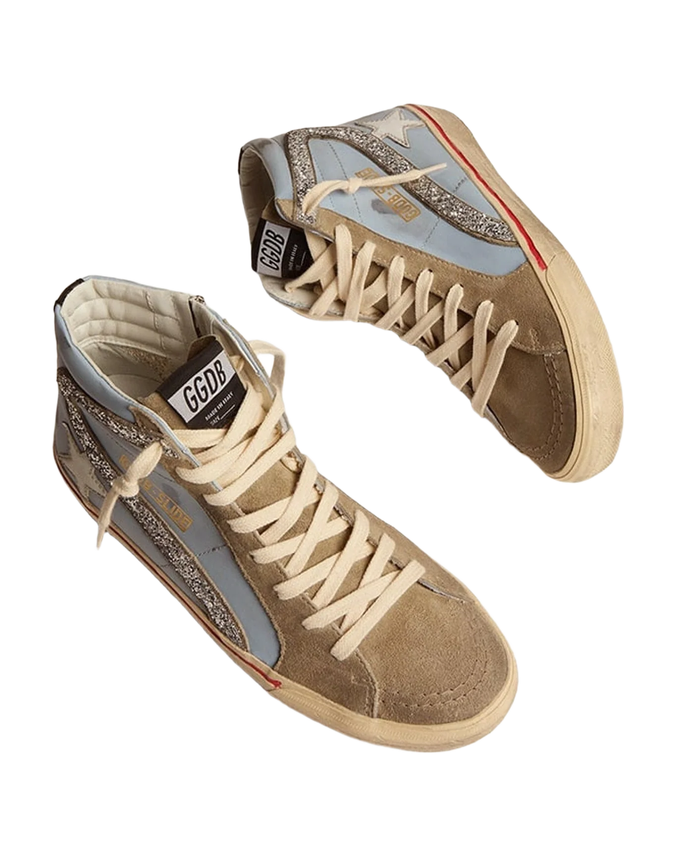 Women | Slide Powder Blue Leather with Dove Gray Suede Tongue | Powder Blue x Taupe x White x Silver