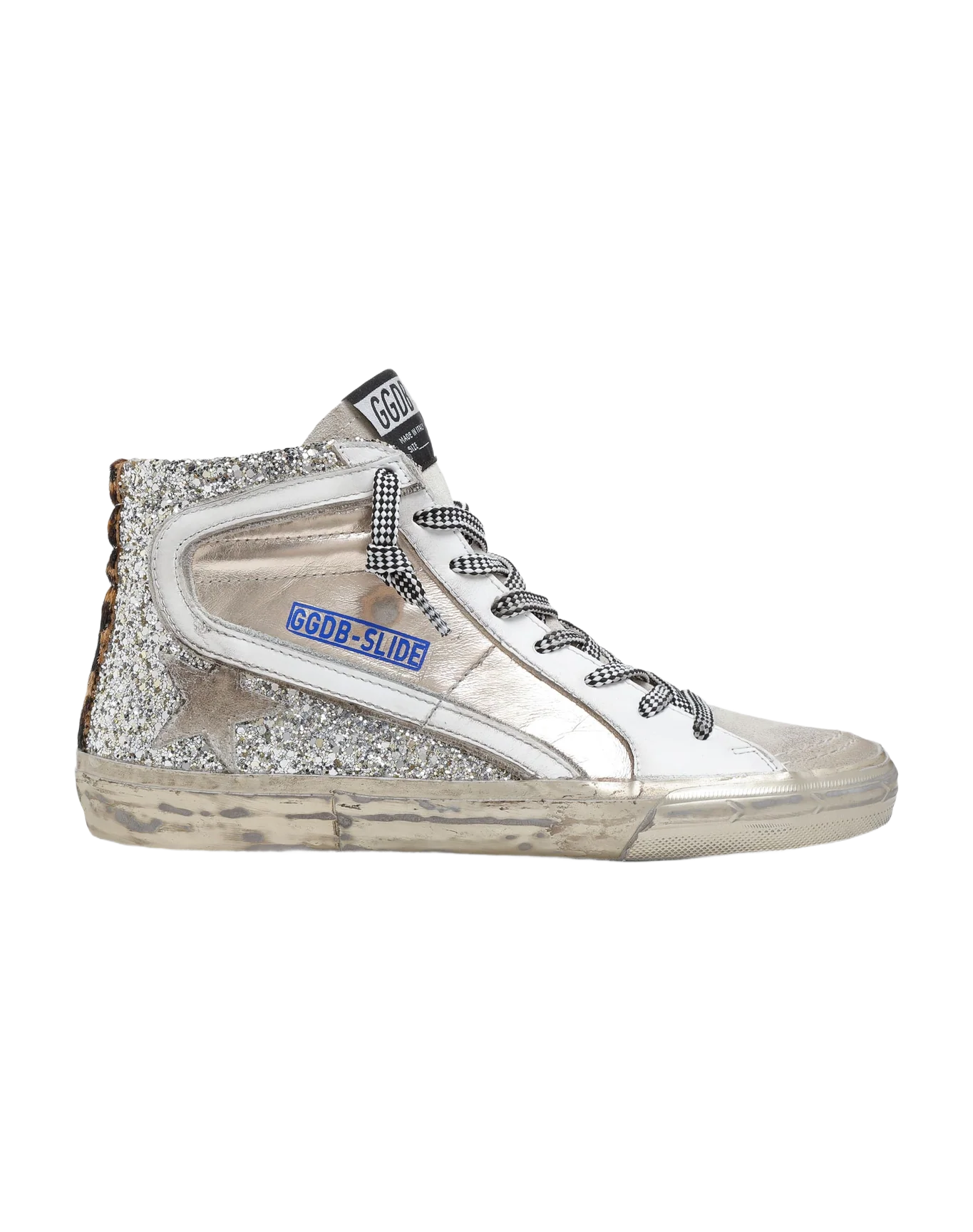 Women | Slide Sneakers Silver Glitter & Bronze Leather with White Leather Flash & Suede Star | Gold x Ice x White x Beige Brown Leo - Image 4