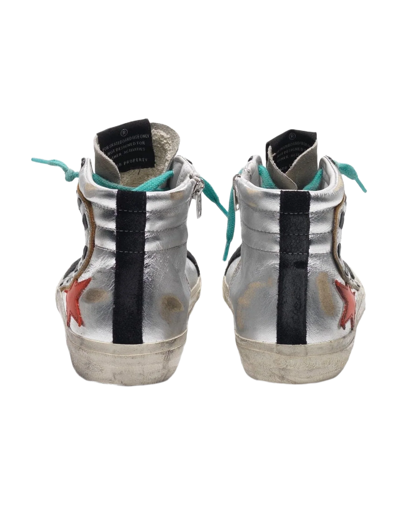 Women | Slide Sneakers Silver Laminated Leather with Red Star