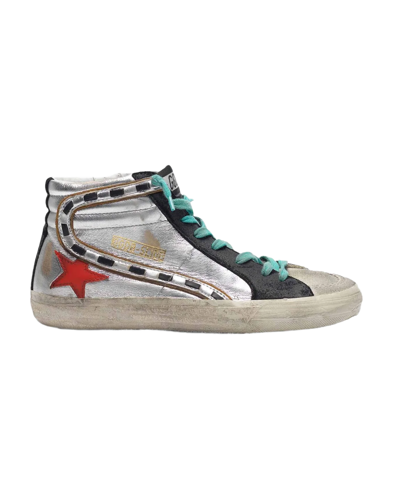 Women | Slide Sneakers Silver Laminated Leather with Red Star - Image 4