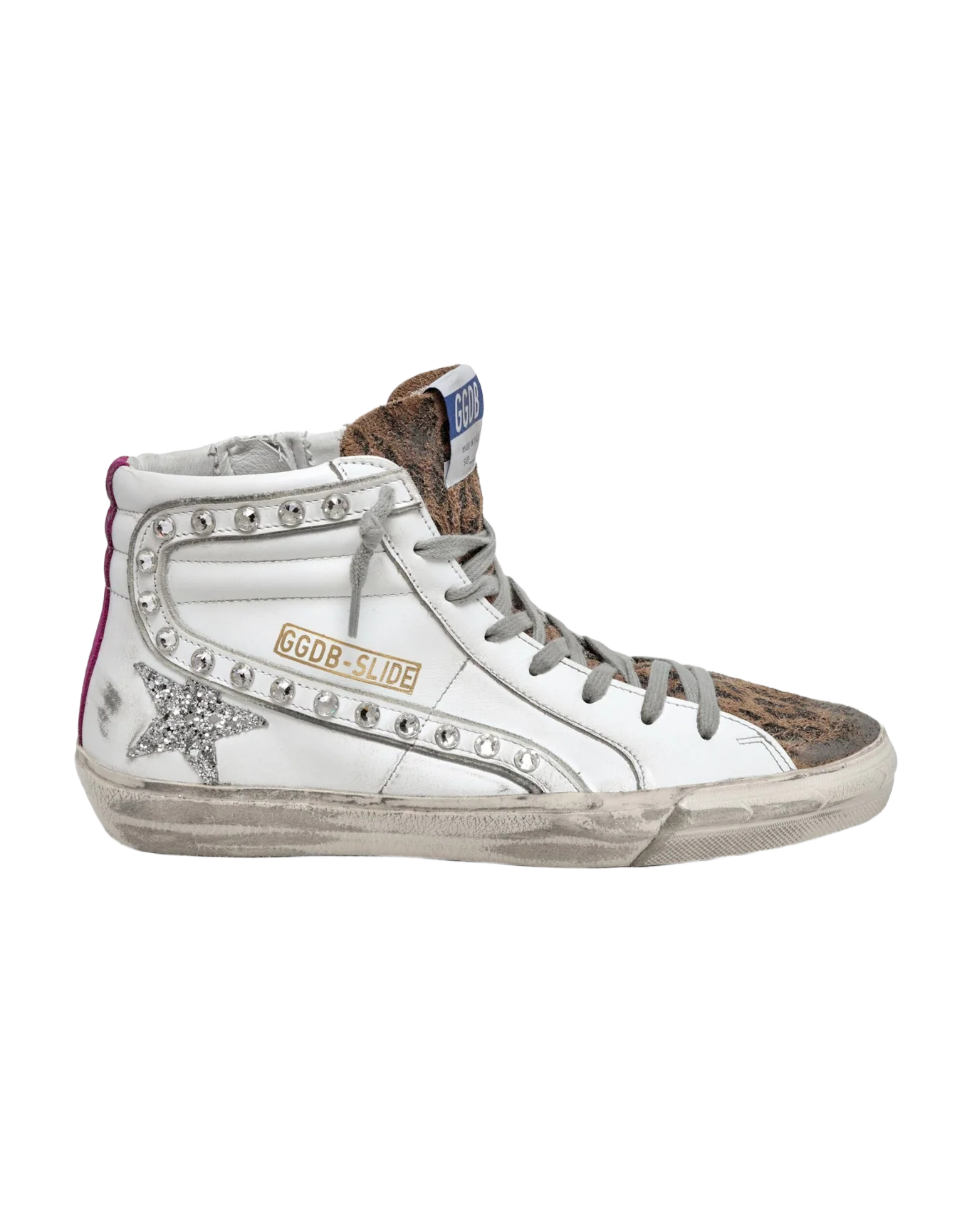 Women | Slide Sneakers White Leather with Studded Flash & Silver Glitter Star | White x Beige Brown Black x Silver x Magenta - Image 4