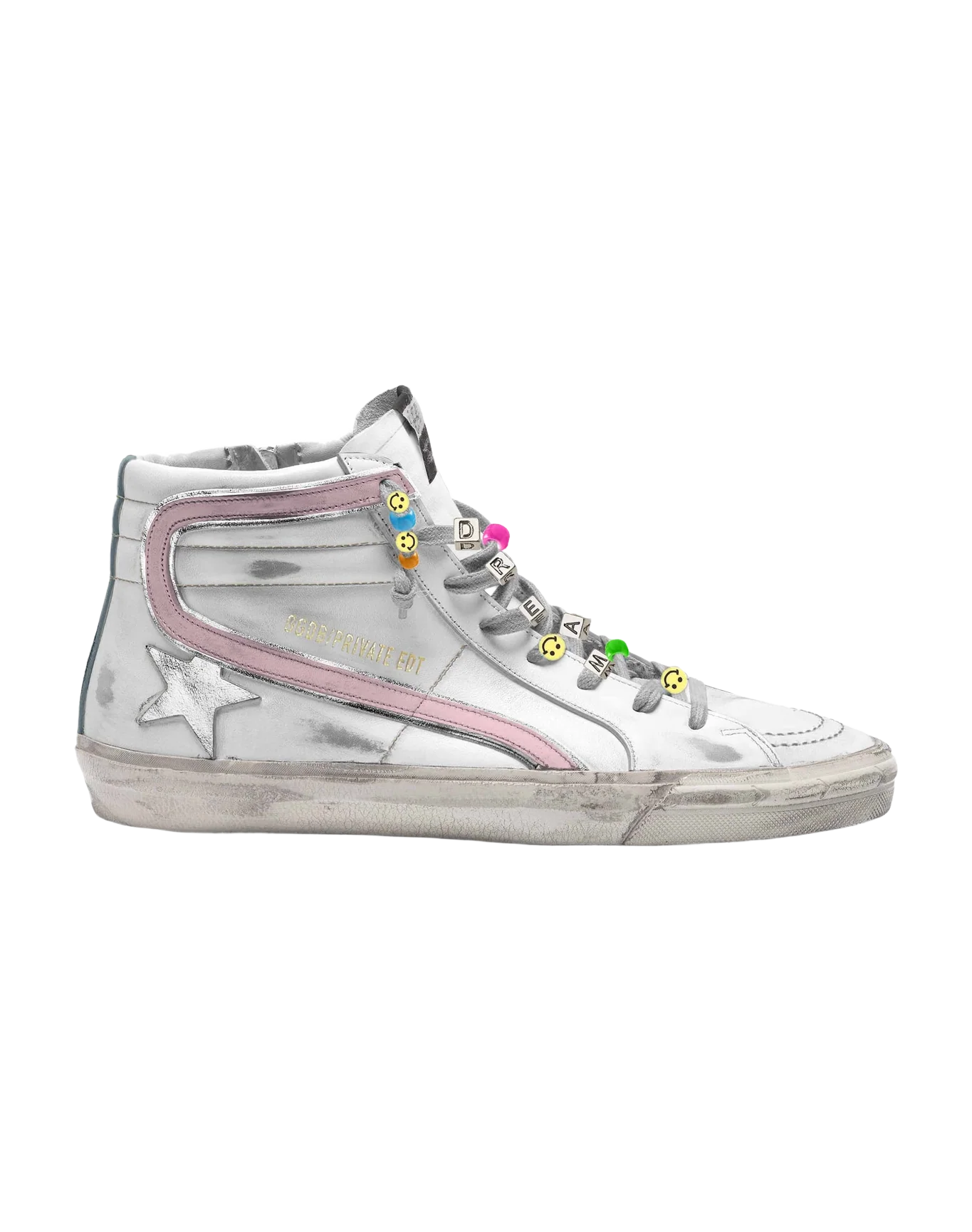 Women | Slide White Leather & Pink Flash with Silver Star | White x Baby Pink x Silver - Image 2
