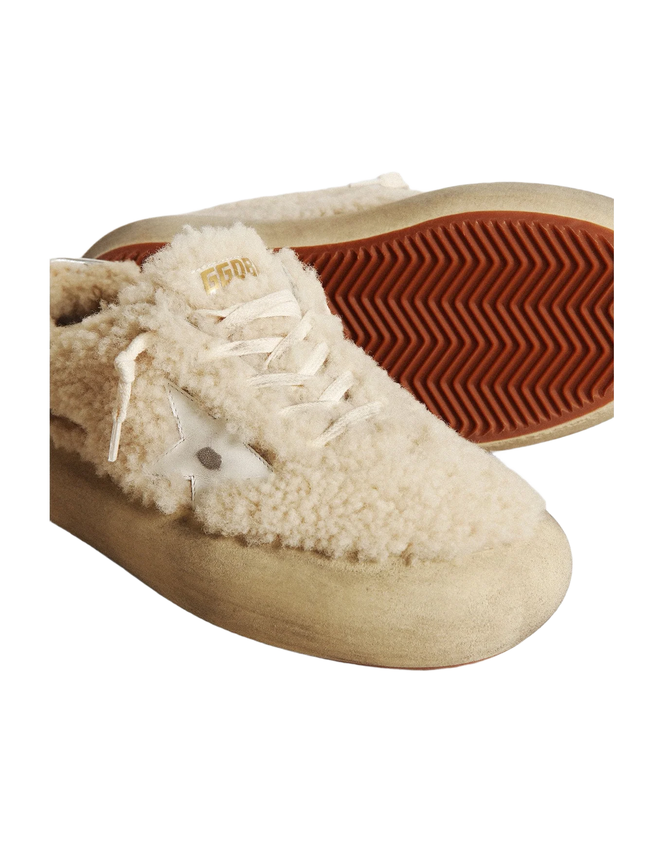 Women | Space-Star Shoes Beige Shearling with White Leather Star & Metallic Leather Heel Tab | Beige x White - Image 10