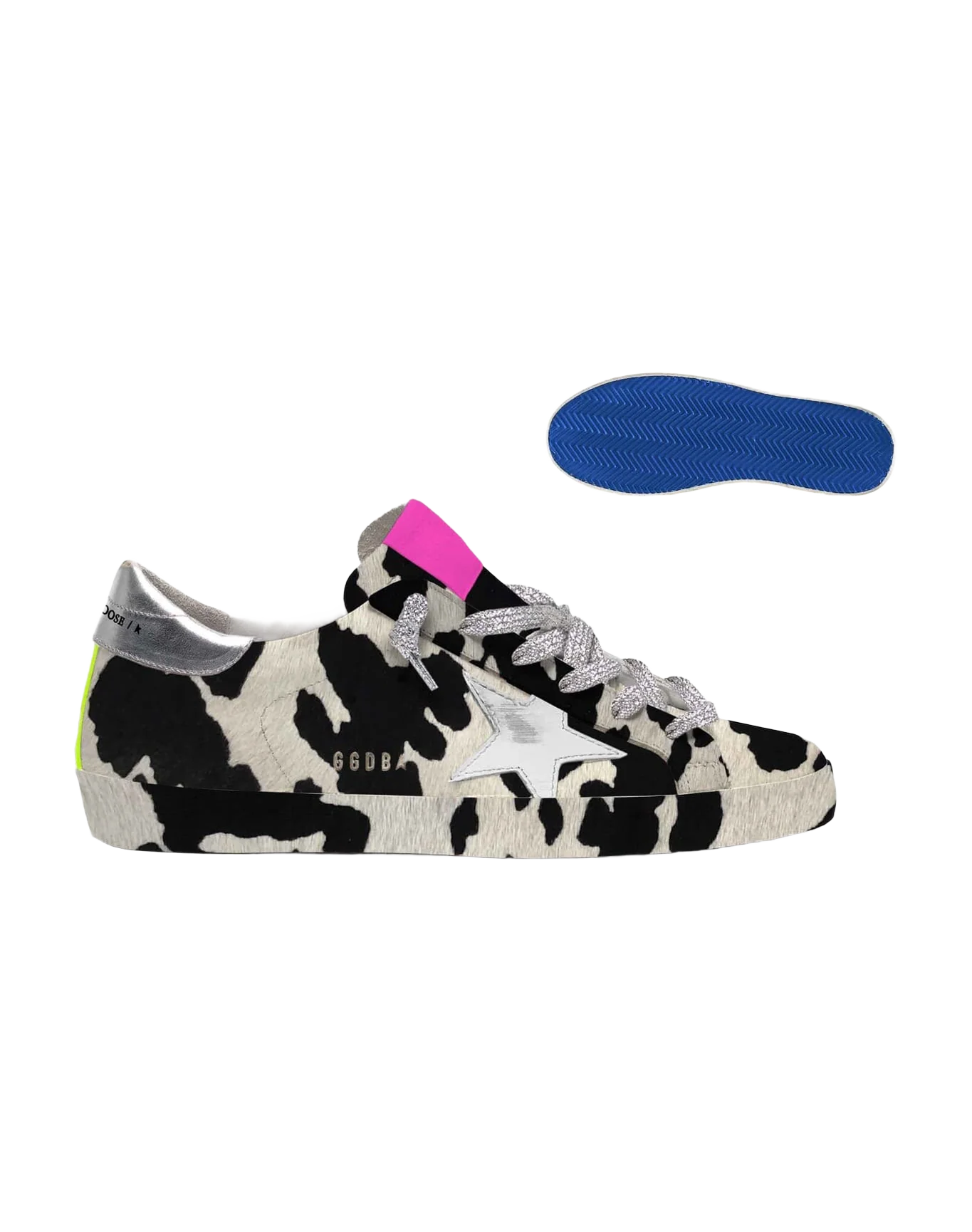 Women | Super-Star Lab Sneakers Cow-Print Pony Skin & White Leather Star | White Black Cow x White x Silver x Fluo Yellow - Image 4