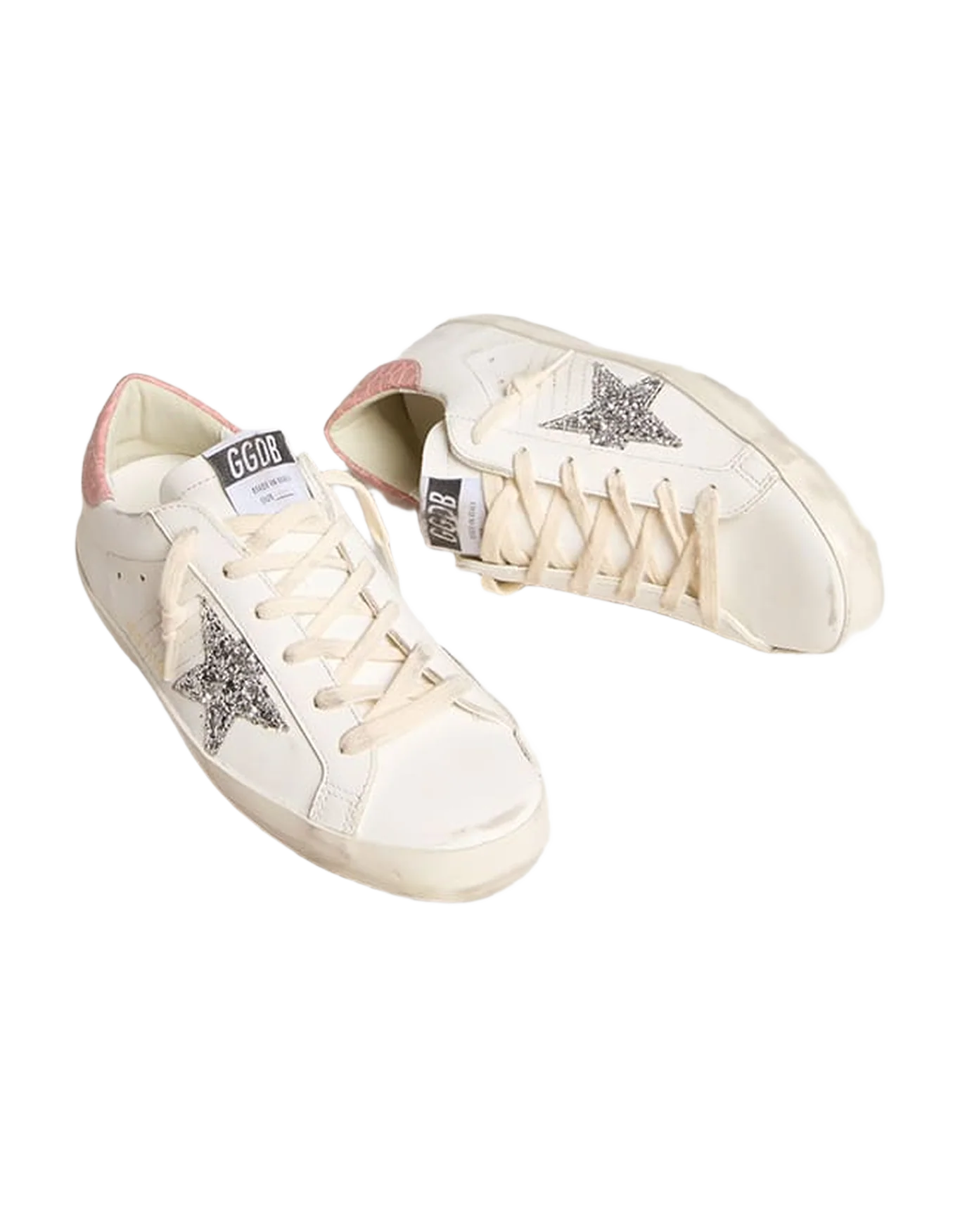 Women | Super-Star Leather with Silver Glitter Star & Pink Heel Tab | White x Silver x Pink - Image 2
