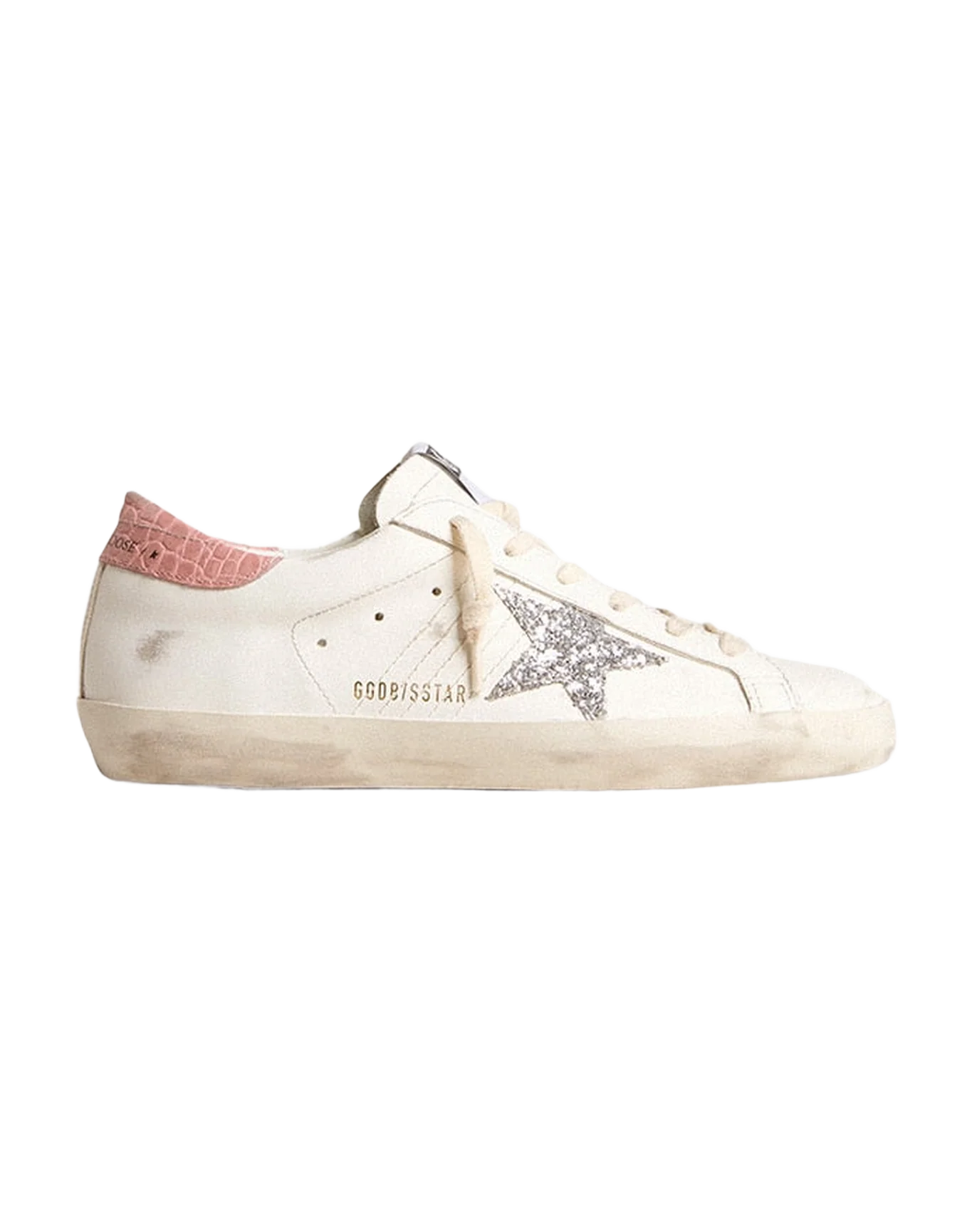 Women | Super-Star Leather with Silver Glitter Star & Pink Heel Tab | White x Silver x Pink - Image 4