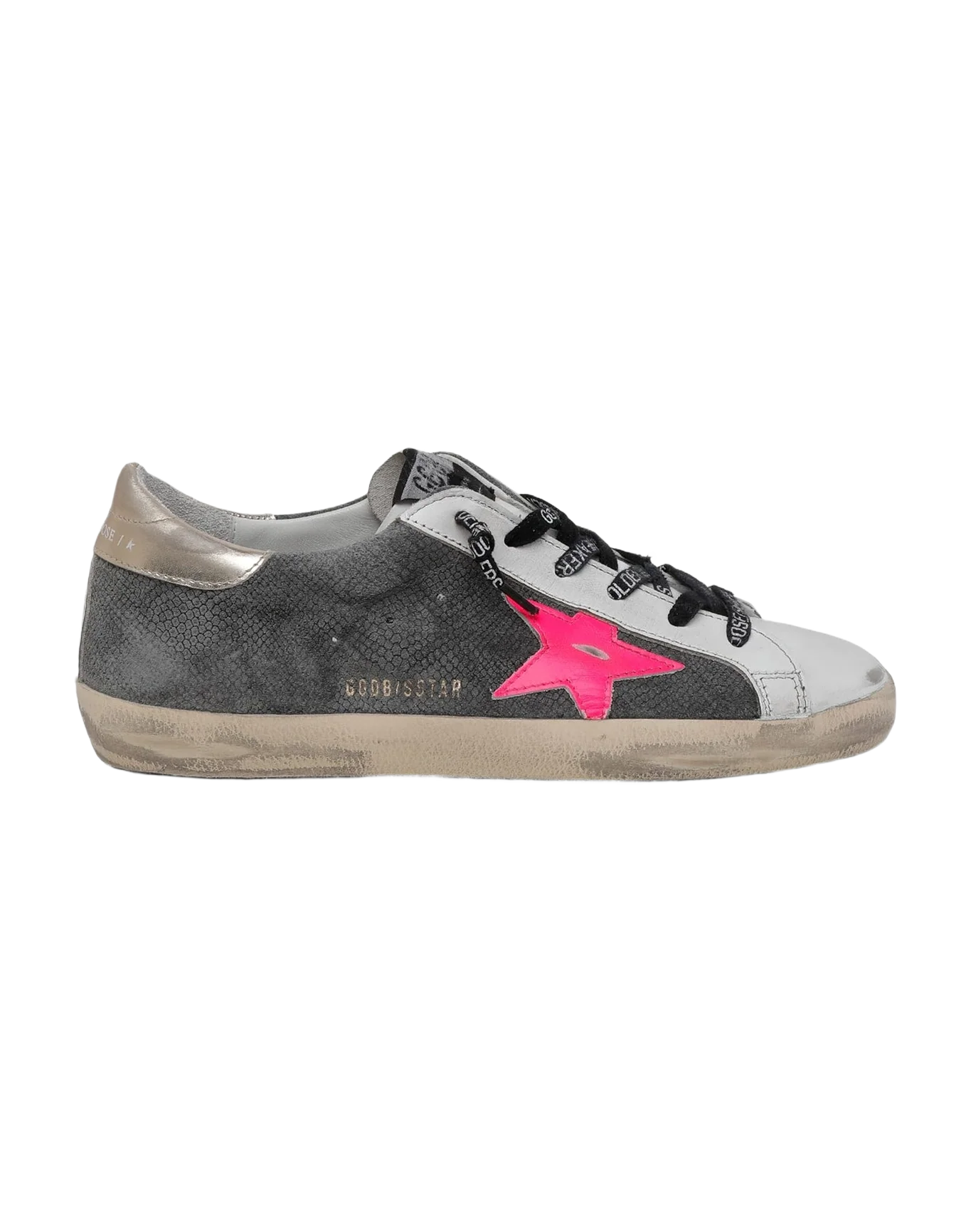 Women | Super-Star Ltd Sneakers with Snake-Print Suede Upper & Gold Heel Tab | Dark Grey x White x Fuxia Fluo x Gold