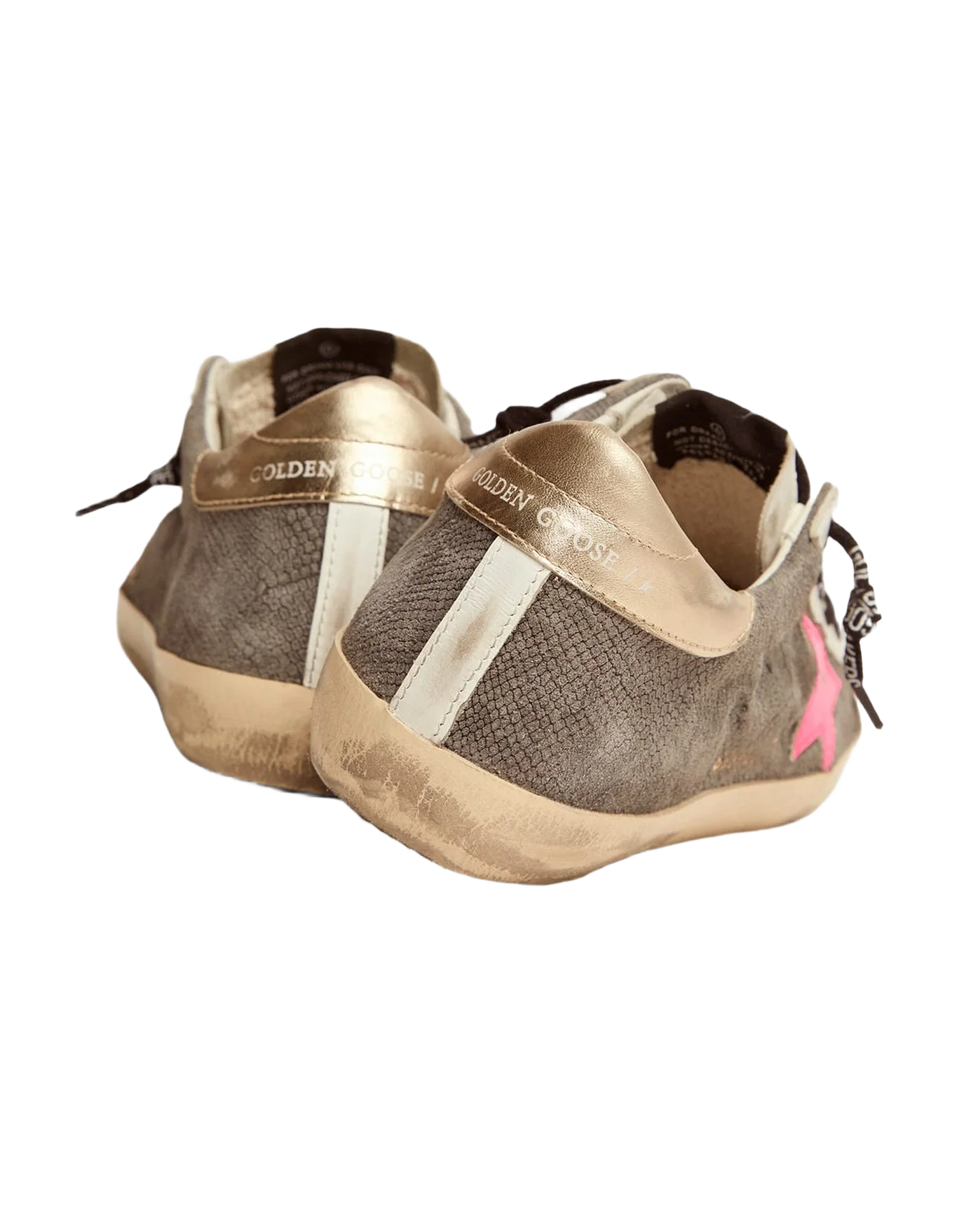 Women | Super-Star Ltd Sneakers with Snake-Print Suede Upper & Gold Heel Tab | Dark Grey x White x Fuxia Fluo x Gold - Image 9