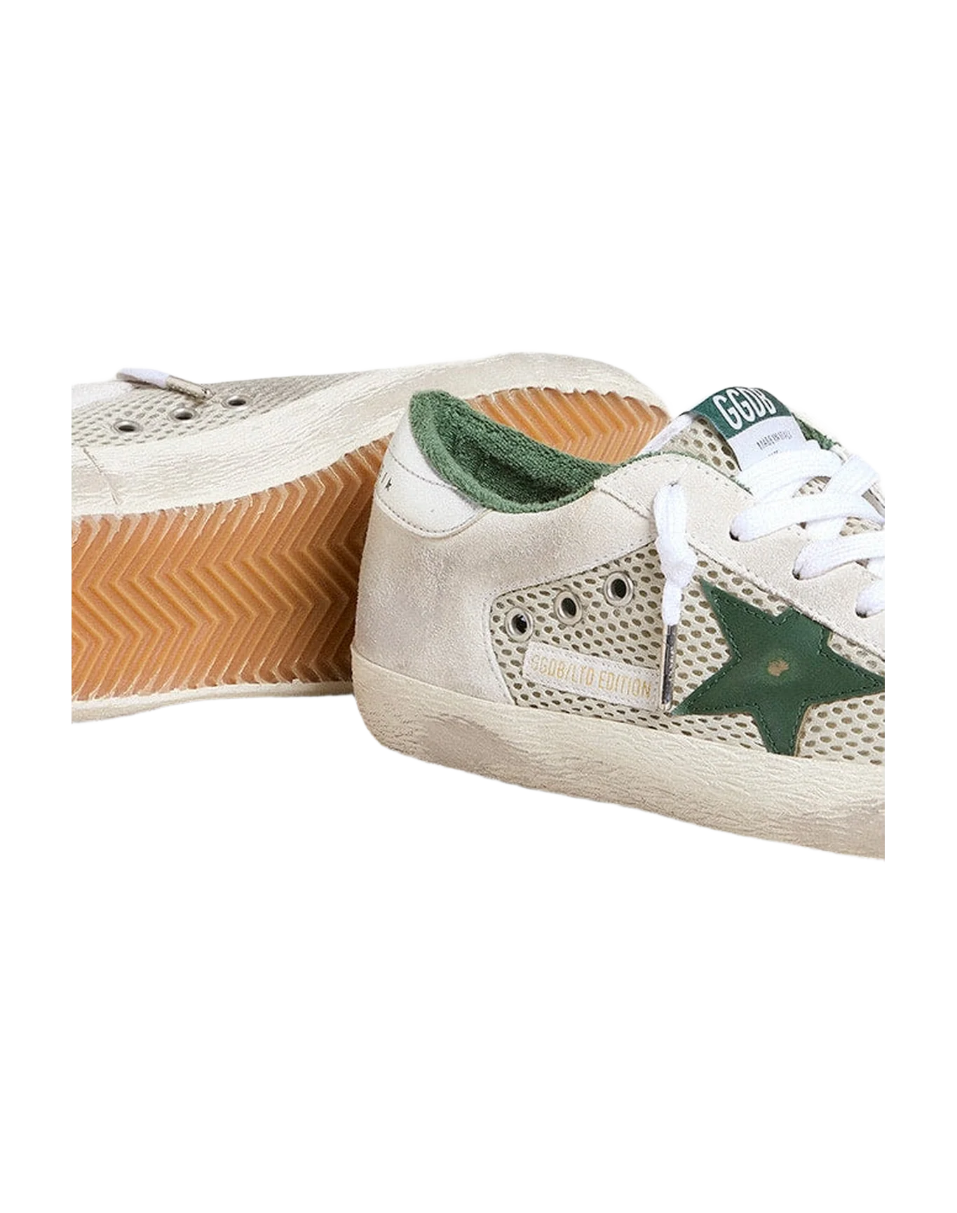 Women | Super-Star Ltd White Suede & Mesh with Green Leather Star & Silver Foiled Leather Heel Tab | White x Green x Silver - Image 4