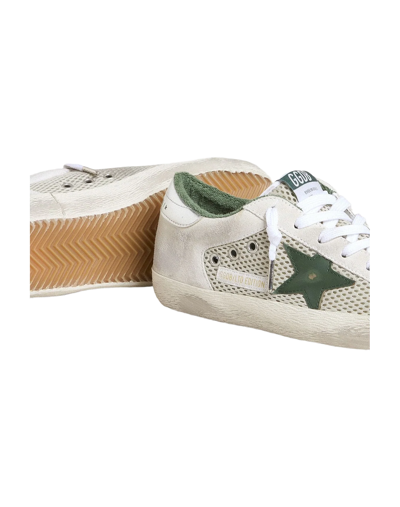 Women | Super-Star Ltd White Suede & Mesh with Green Leather Star & Silver Foiled Leather Heel Tab | White x Green x Silver - Image 6